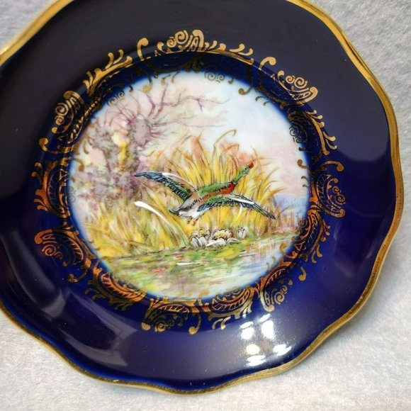 Vintage Limoges France Ring Dish, Cobalt Blue Gold, Flying Duck Coaster Trinket - Picture 2 of 6